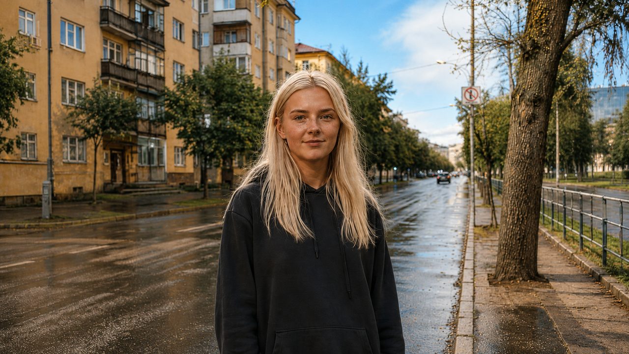 Изменить освещение на фото: тот же кадр при дневном свете, голубое небо, лицо сохранено