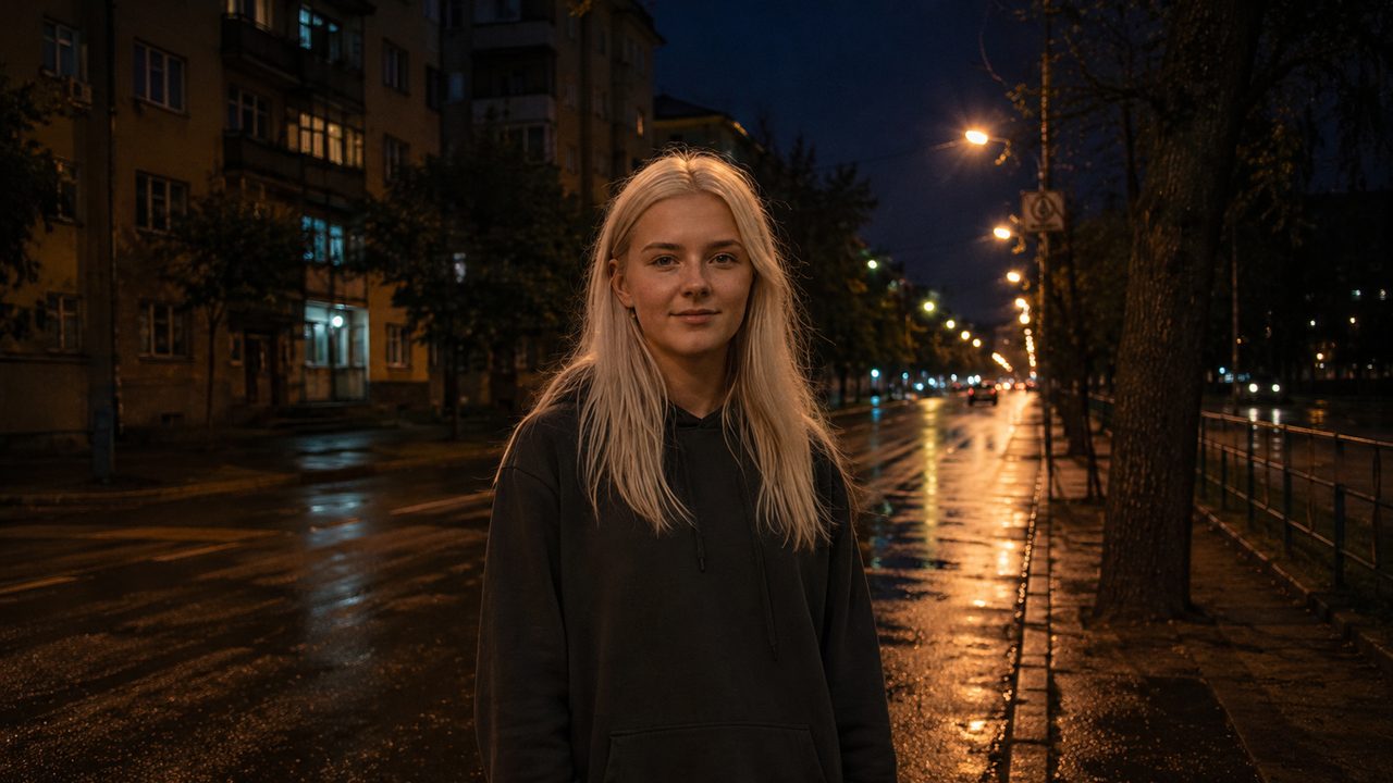 Ночное фото до обработки: тёмная вечерняя улица, лицо девушки в полумраке