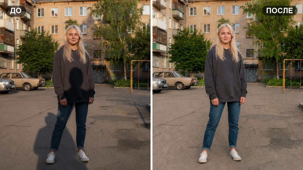 Обложка ДО и ПОСЛЕ: убрать тень на фото в нейросети