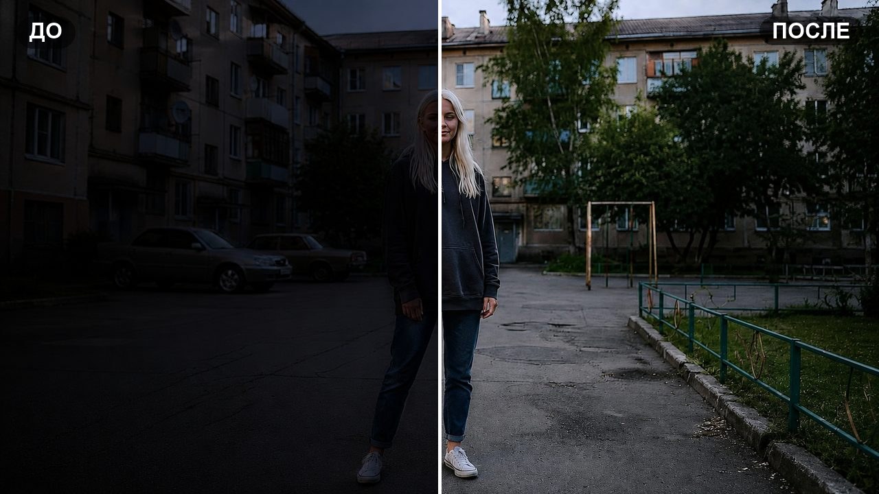 Обложка ДО и ПОСЛЕ: как осветлить фото в нейросети, тёмный кадр стал светлым