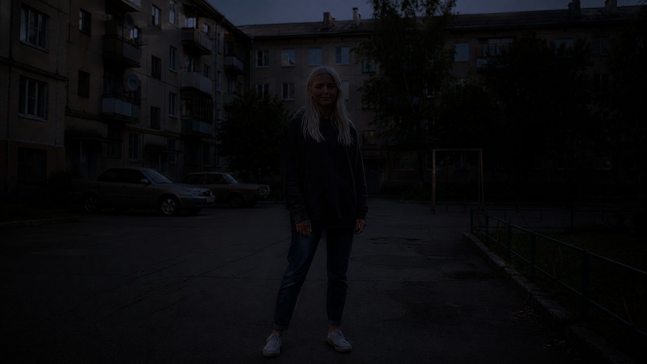 Осветлить фото, кадр до обработки: тёмный недоэкспонированный двор, лицо ушло в тень