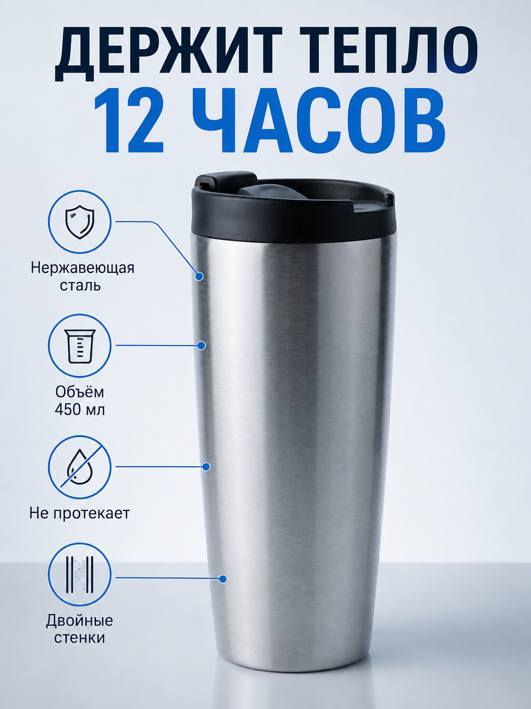 Инфографика карточки термокружки для маркетплейса с заголовком и характеристиками, собранная нейросетью