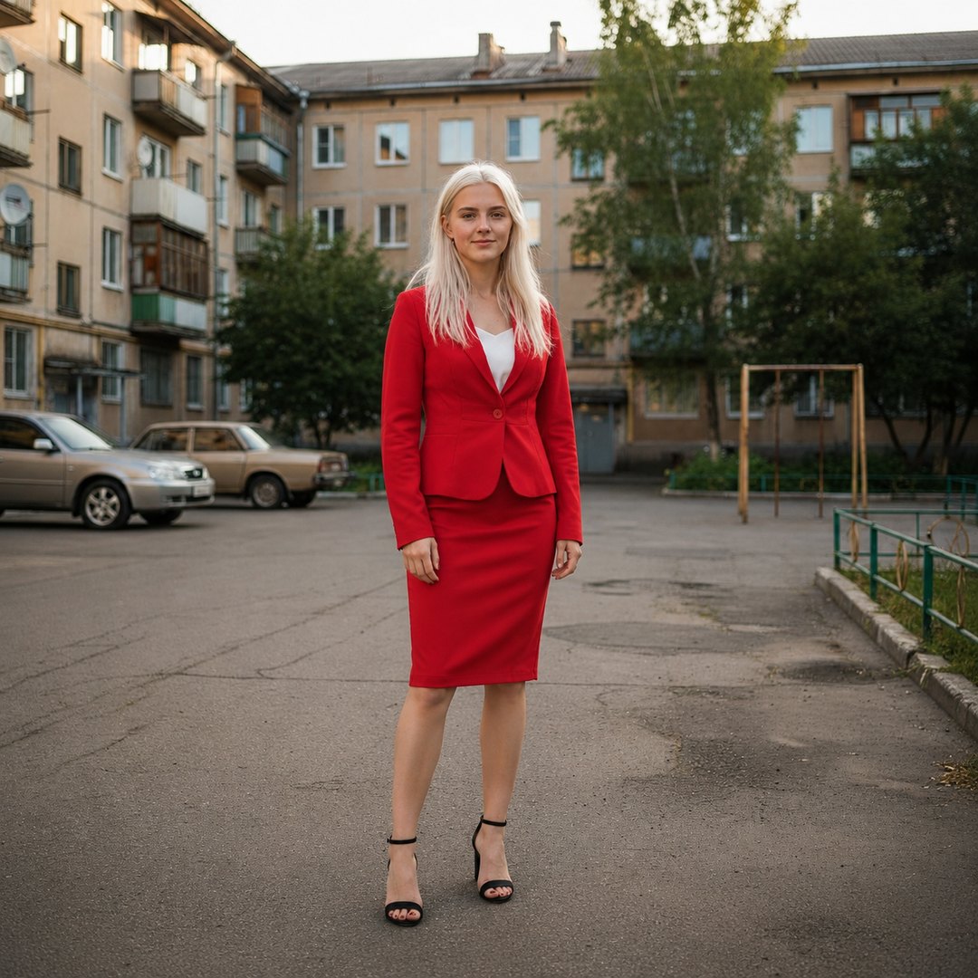 Заменить одежду на фото в нейросети, кадр после: та же девушка в строгом красном костюме, лицо и поза сохранены