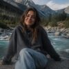 Кинематографичный кадр в горах: девушка сидит на камне у горной реки