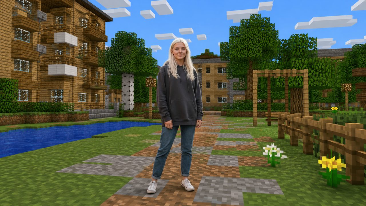 Фото в стиле майнкрафт: девушка осталась собой на фоне кубического мира Minecraft