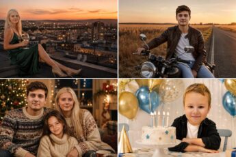 ИИ фотосессия по своему фото: четыре образа из одного селфи, от заката на крыше до дня рождения