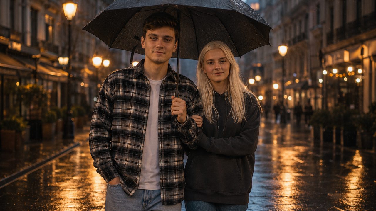 Парная ИИ фотосессия: пара под зонтом, лица с двух загруженных фото