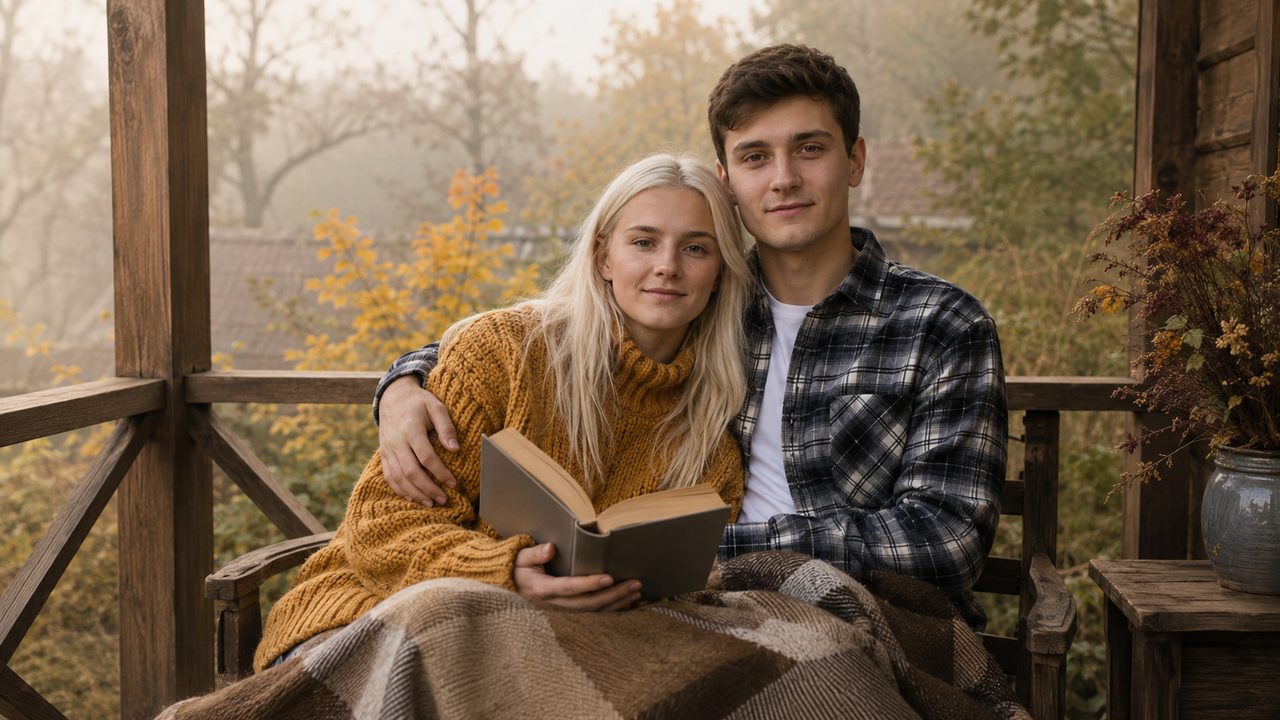 Парная ии фотосессия: пара с пледом и книгой на осенней веранде по двум фото