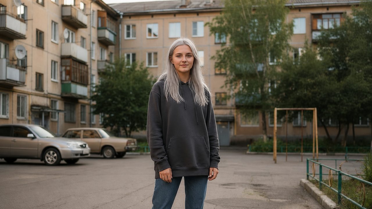 Смена цвета волос в нейросети: холодный пепельно-русый оттенок на том же портрете