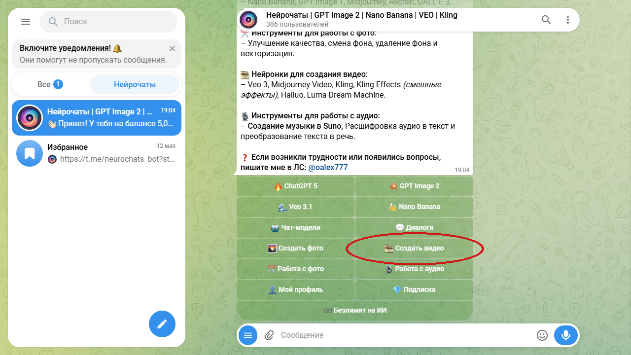 главное меню бота, красным овалом обведена кнопка «Создать видео»