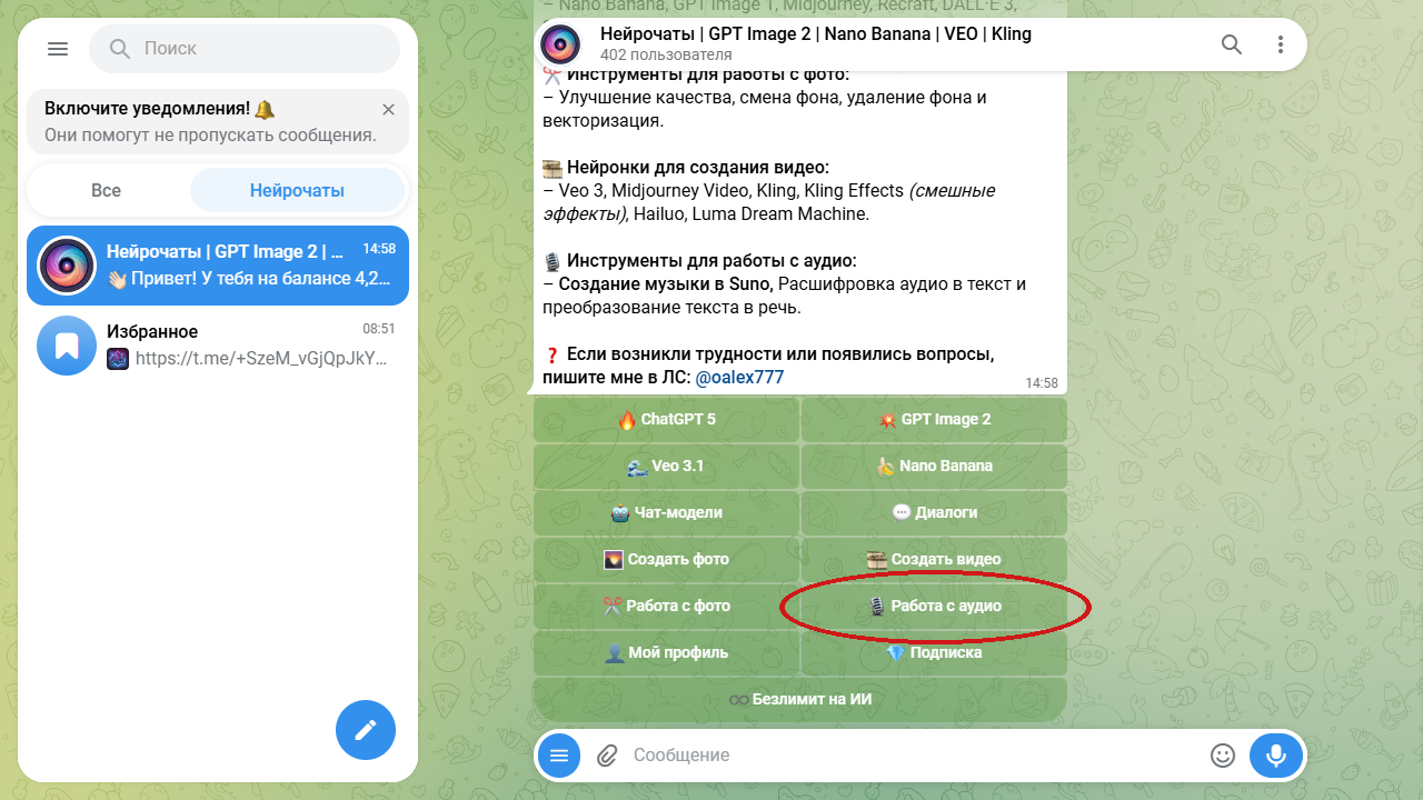 Главное меню бота Нейрочаты, кнопка «Работа с аудио» для озвучки текста