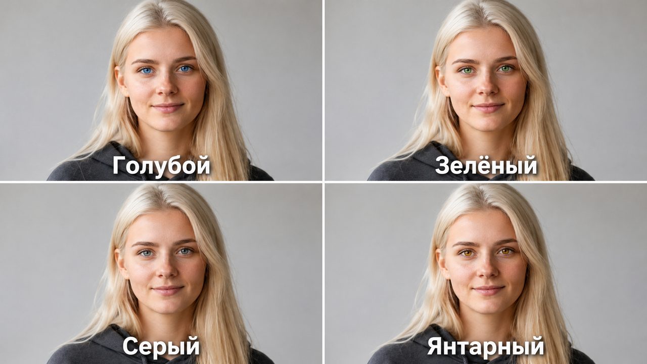 Карточка примерки цвета глаз: голубой, зелёный, серый и янтарный на одном лице