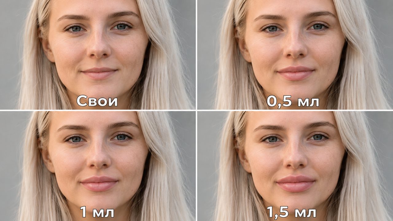 Как будут выглядеть губы после увеличения: свои, 0,5 мл, 1 мл и 1,5 мл на одном лице