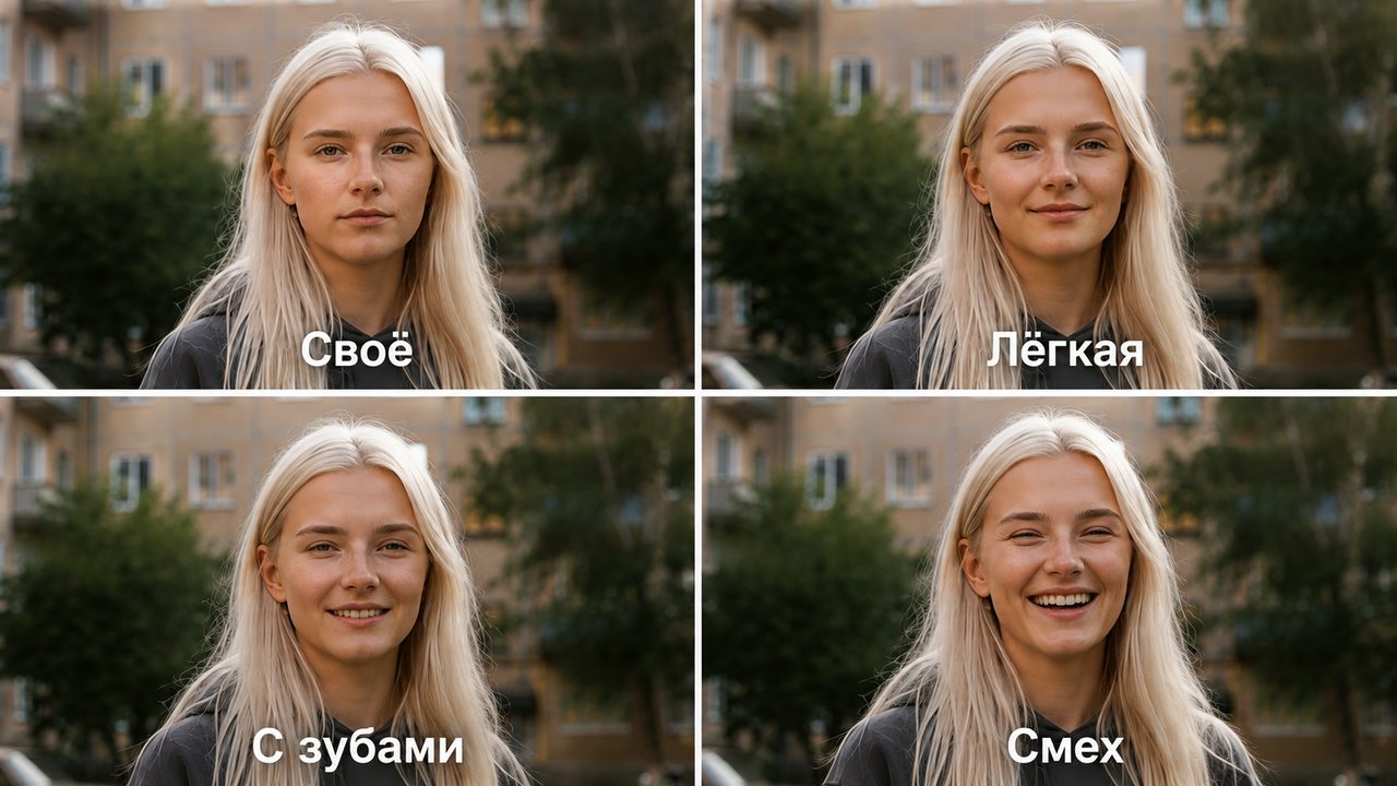 Четыре ступени улыбки на одном лице: своё, лёгкая, с зубами, смех