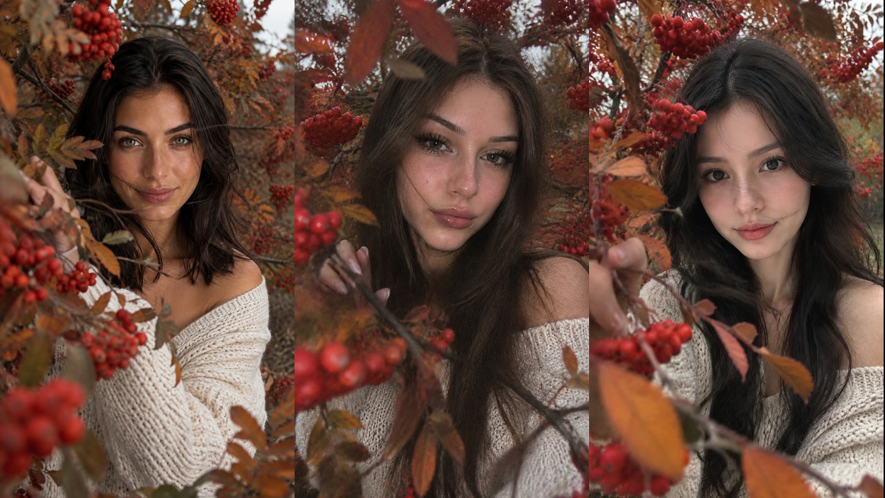 Осенняя фотосессия у рябины: три кадра из нейросети в ряд