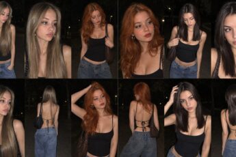 Ночная фотосессия со вспышкой из нейросети: три девушки в чёрном топе и джинсах на аллее парка
