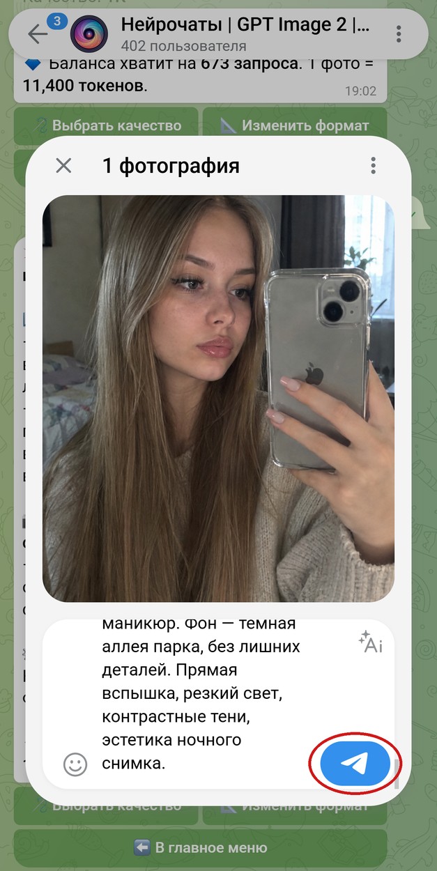 В боте Нейрочаты прикреплено селфи, промпт в подписи, кнопка отправки обведена