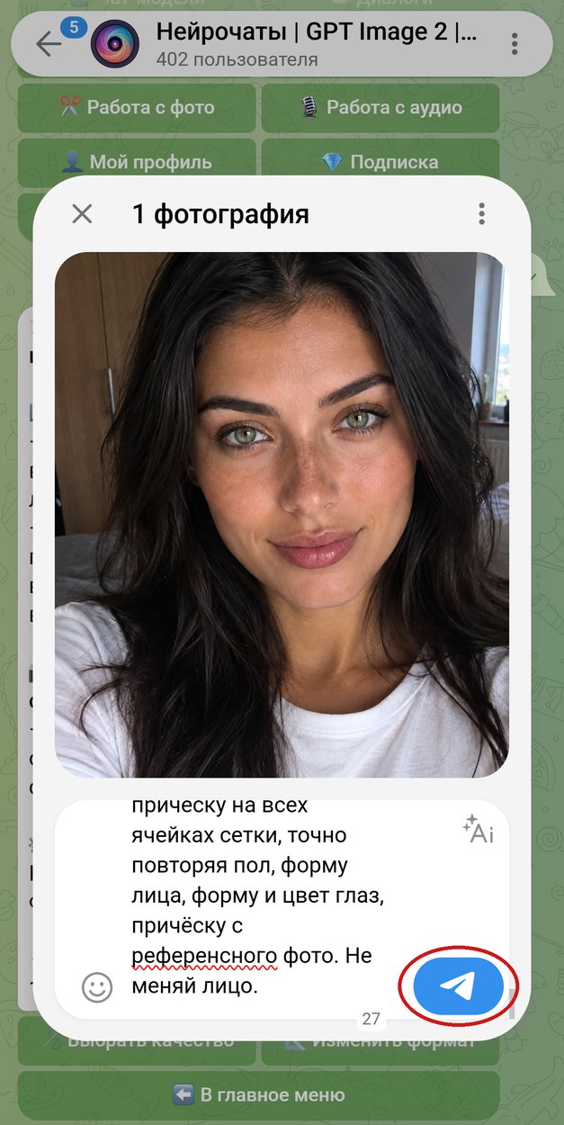 В боте Нейрочаты прикреплено селфи, промпт в подписи, кнопка отправки обведена