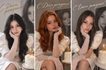 Три портрета ко дню рождения: белое платье, торт со свечами и портрет на стене