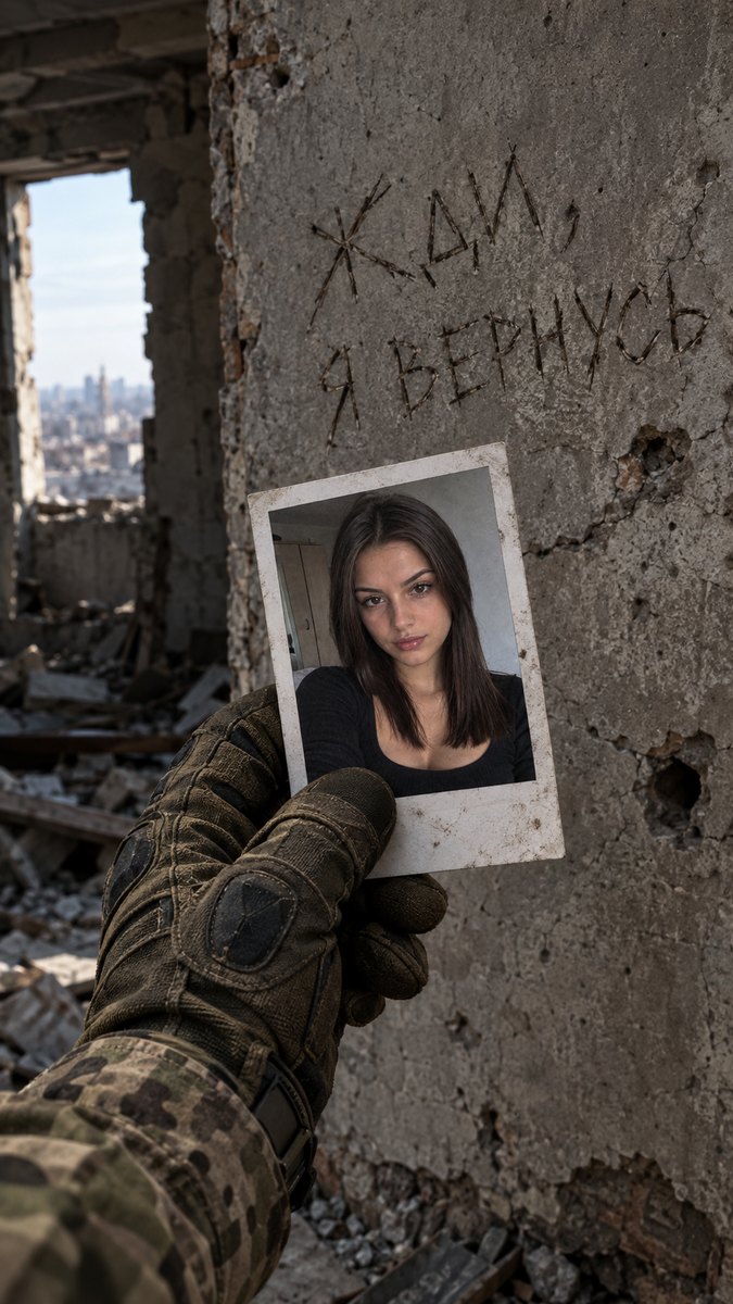 Фото с военным в нейросети: рука в тактической перчатке держит полароид брюнетки, на стене надпись «ЖДИ, Я ВЕРНУСЬ»