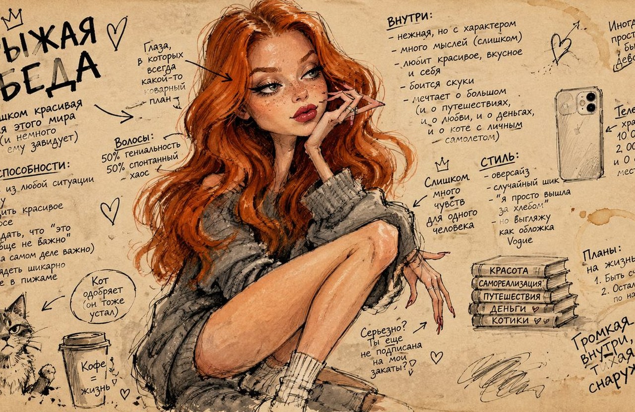 Гротескная фэшн-карикатура по фото с рукописными заметками