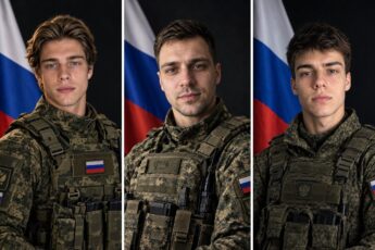 Три портрета в военной форме: камуфляж, бронежилет и флаг России