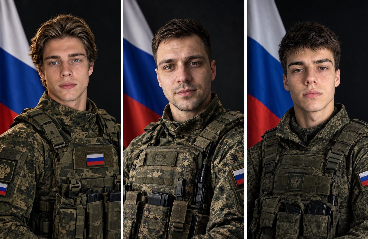 Три портрета в военной форме: камуфляж, бронежилет и флаг России