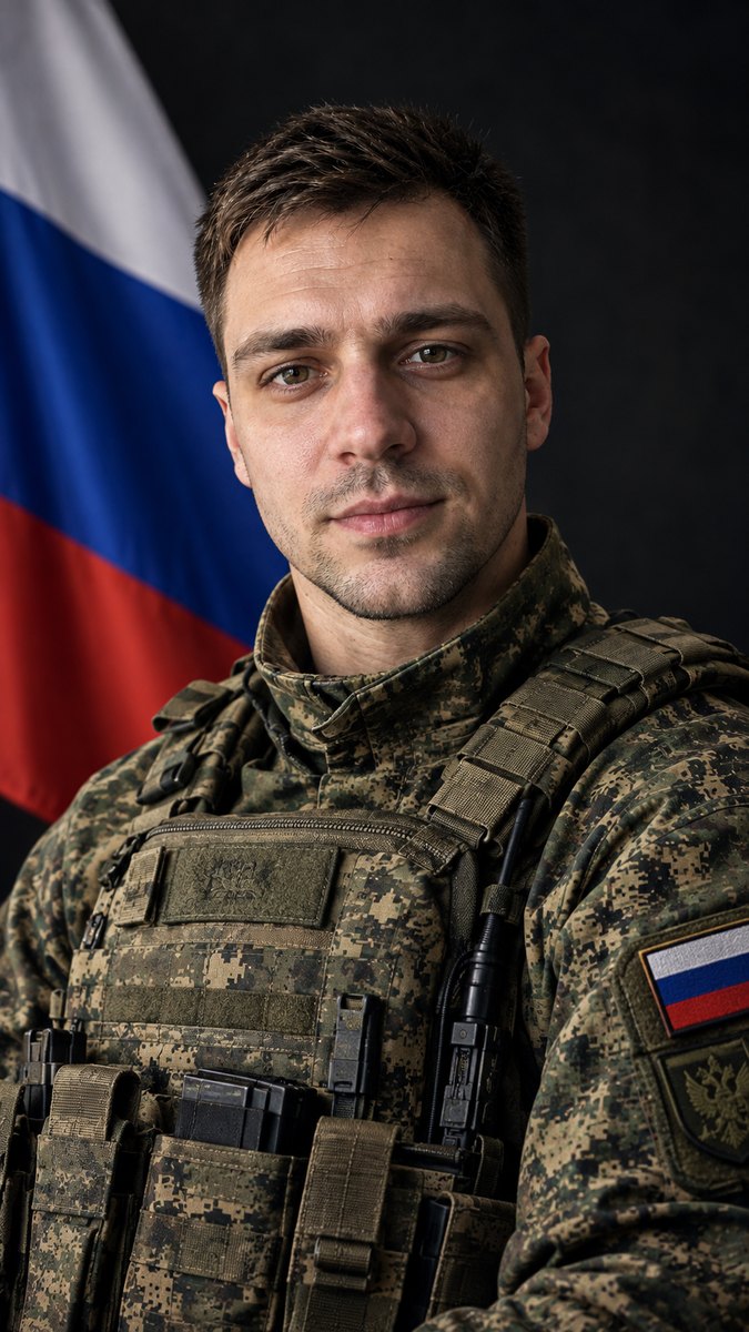 Студийный портрет мужчины в военной форме с флагом России, сделанный нейросетью по селфи