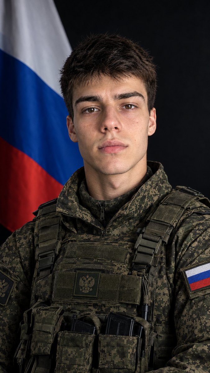 Военный портрет по фото: парень 19 лет в камуфляже с нашивкой флага на рукаве, тёмный фон и флаг