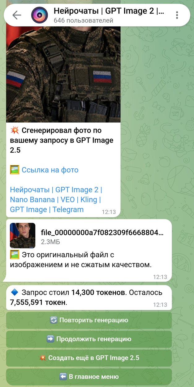 Готовый портрет в военной форме пришёл в чат бота Нейрочаты, под ним оригинал файлом