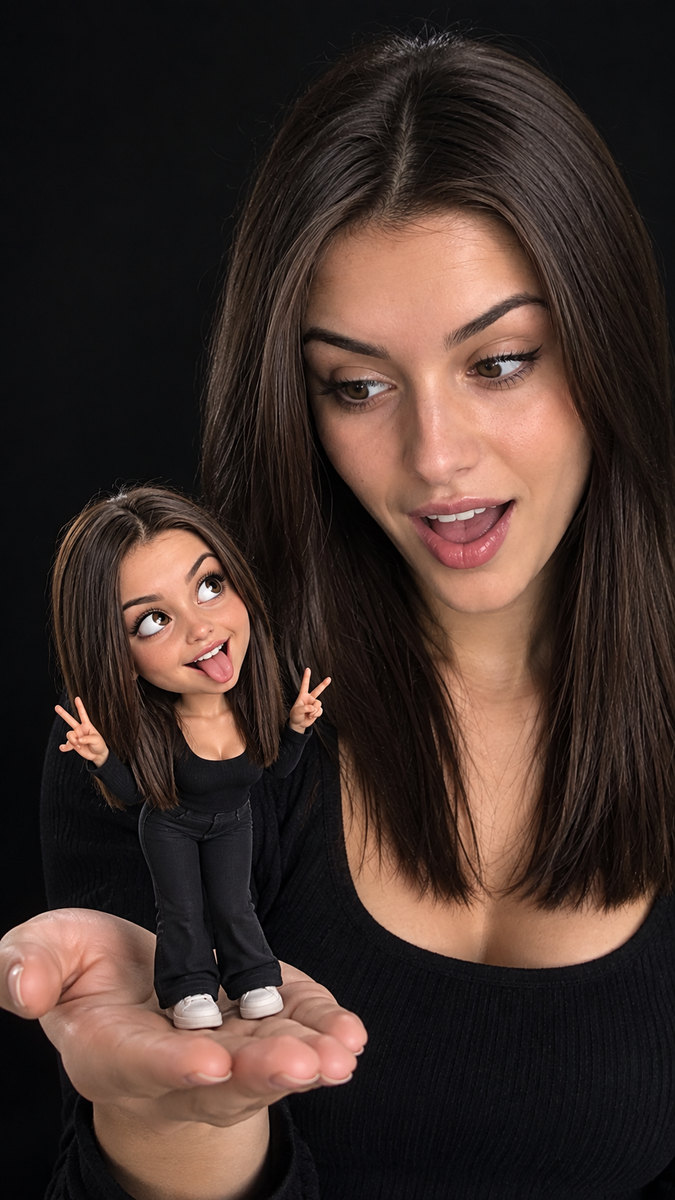 Миниатюрная 3D-копия себя на ладони: брюнетка в чёрном на тёмном фоне