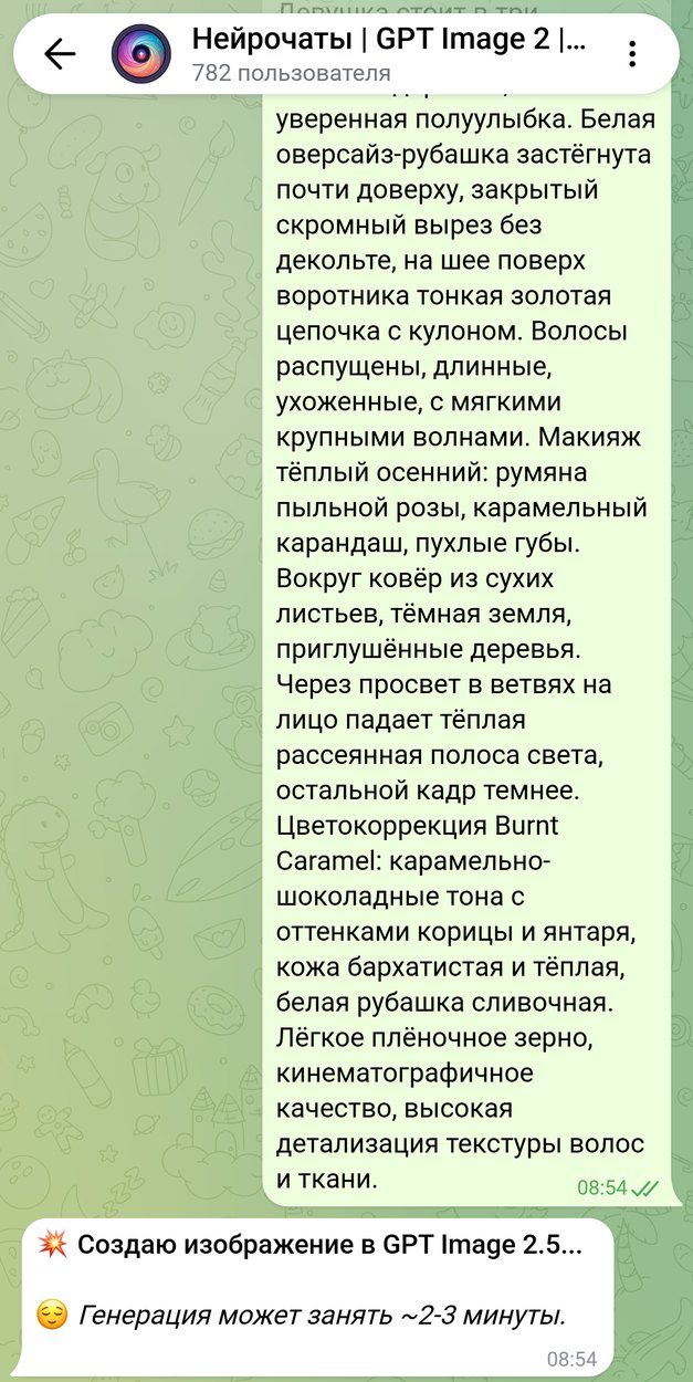Промпт и фото отправлены одним сообщением, бот начал генерацию