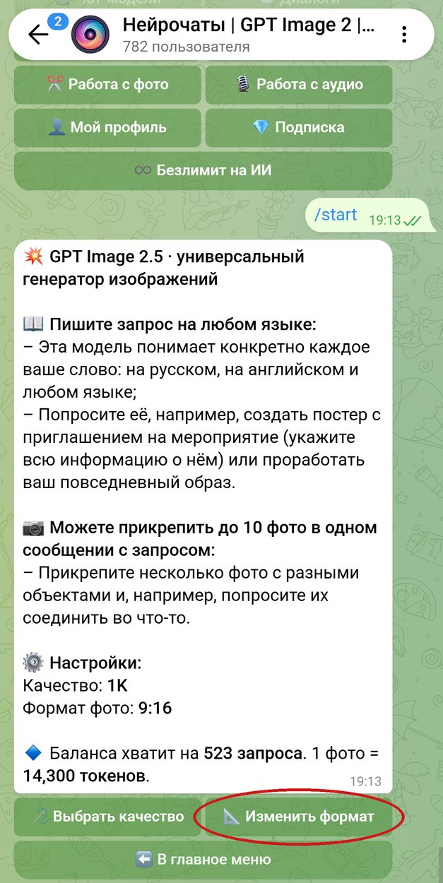 Настройки GPT Image 2.5 в боте: формат фото 9:16, кнопка Изменить формат обведена