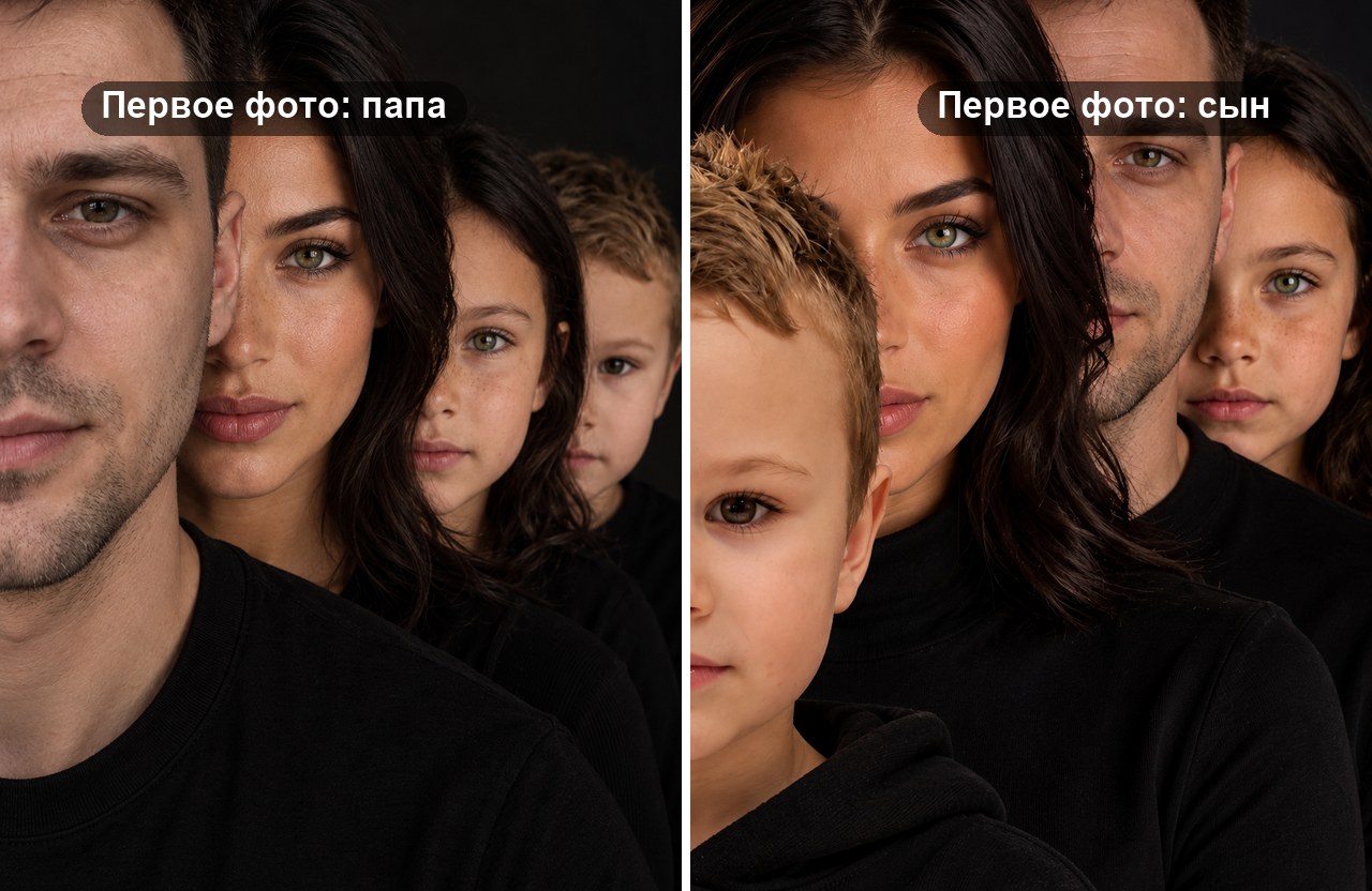 Семейное фото через нейросеть: слева впереди папа, справа сын, остальные лица выглядывают из-за них
