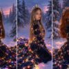 Новогоднее фото в платье из гирлянд: три девушки в зимнем лесу в бархатных платьях с огоньками