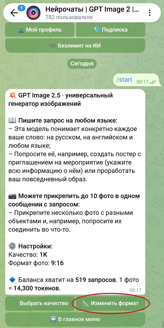 Карточка GPT Image 2.5, обведена кнопка «Изменить формат»