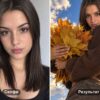 Фото с кленовыми листьями: слева обычное селфи, справа та же девушка с букетом клёна на фоне неба