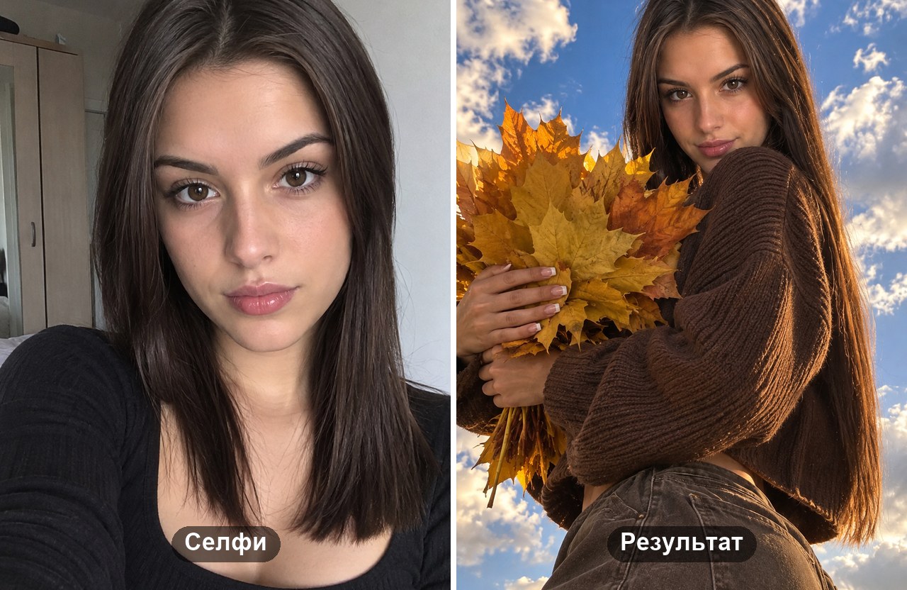 Фото с кленовыми листьями: слева обычное селфи, справа та же девушка с букетом клёна на фоне неба