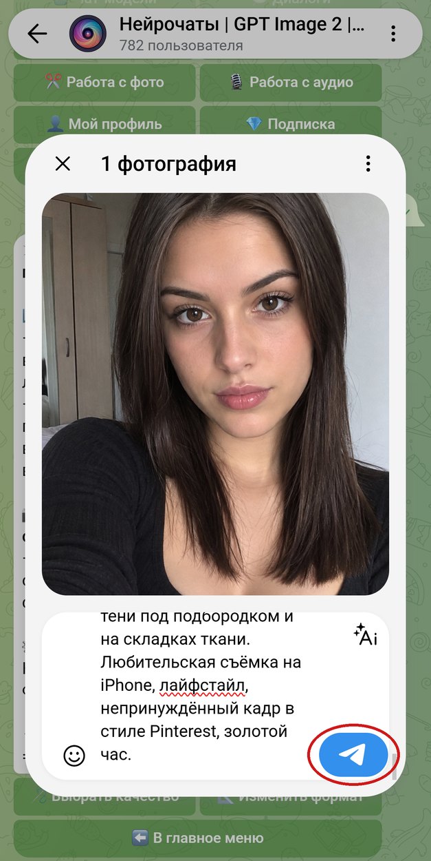 Селфи прикреплено к сообщению, в подписи промпт для фото с кленовыми листьями, обведена кнопка отправки