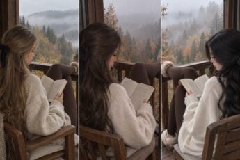 Фото девушки со спины осенью: три героини с книгой на балконе у леса в тумане