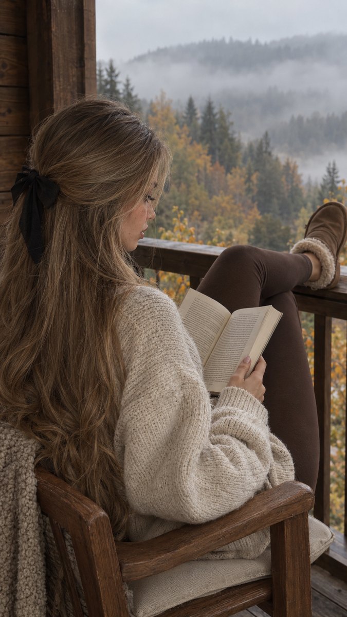 Блондинка со спины читает книгу на балконе, нога на перилах, осенний лес в тумане