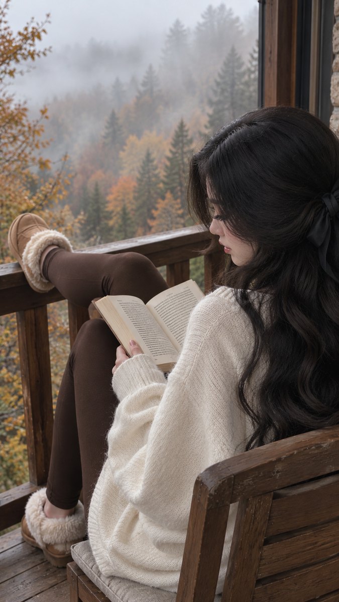 Брюнетка в молочном свитере с книгой сидит справа, перила и туманный лес слева