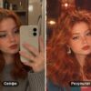 Фото в стиле 80-х: слева обычное селфи рыжей девушки у зеркала, справа её портрет с начёсом, бирюзовым пиджаком и неоном