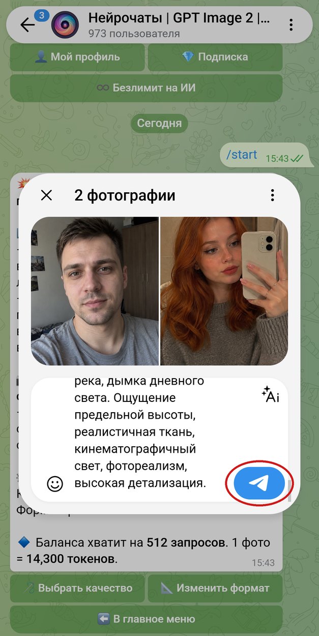 Окно отправки двух фото с промптом в подписи, обведена кнопка отправки