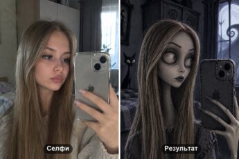 Фото в стиле Тима Бертона: зеркальное селфи с телефоном и тот же кадр в виде готической куклы