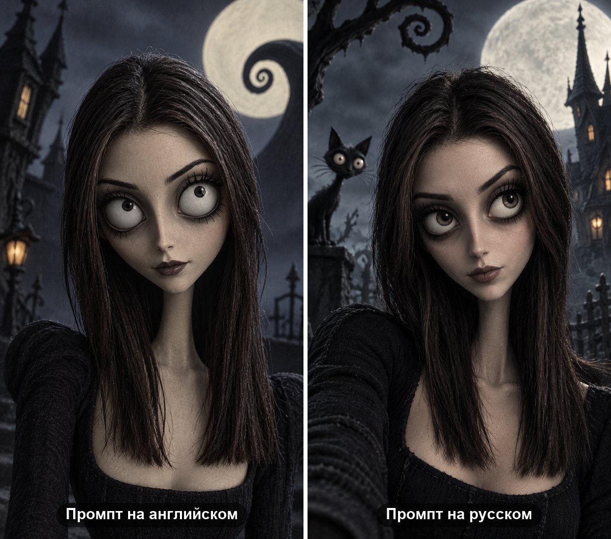 Одно лицо в стиле Тима Бертона по английскому и русскому промпту: спиральный холм против кладбища с котом