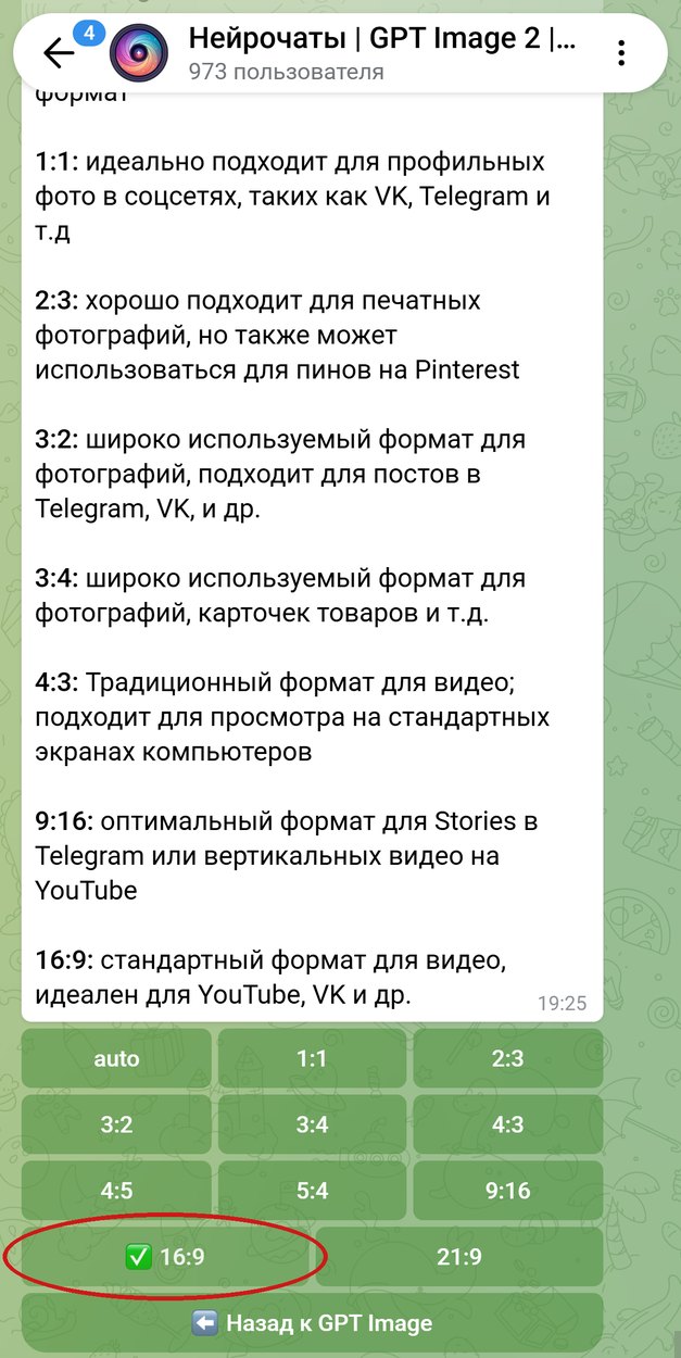 Список форматов в боте, кнопка 16:9 обведена красным