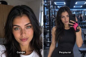 Фото в зеркале спортзала: обычное селфи слева и готовый кадр у зеркала зала справа
