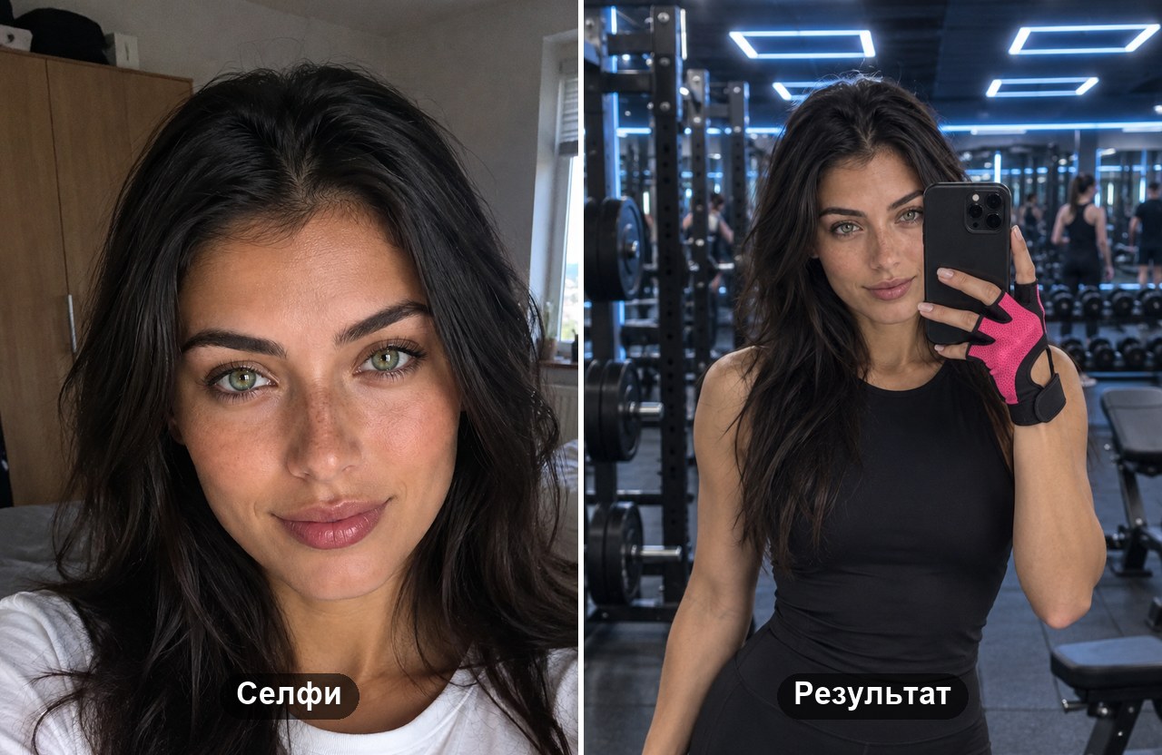 Фото в зеркале спортзала: обычное селфи слева и готовый кадр у зеркала зала справа