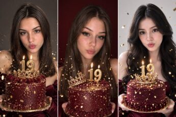 Фотосессия с тортом: три девушки в бордовом бархате задувают свечи 19 на торте с короной